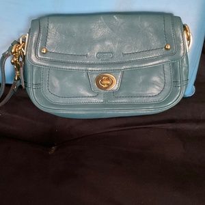 Coach turquoise leather wristlet clutch